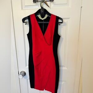 Kenneth Cole Red and Black V-Neck Sheath Dress
